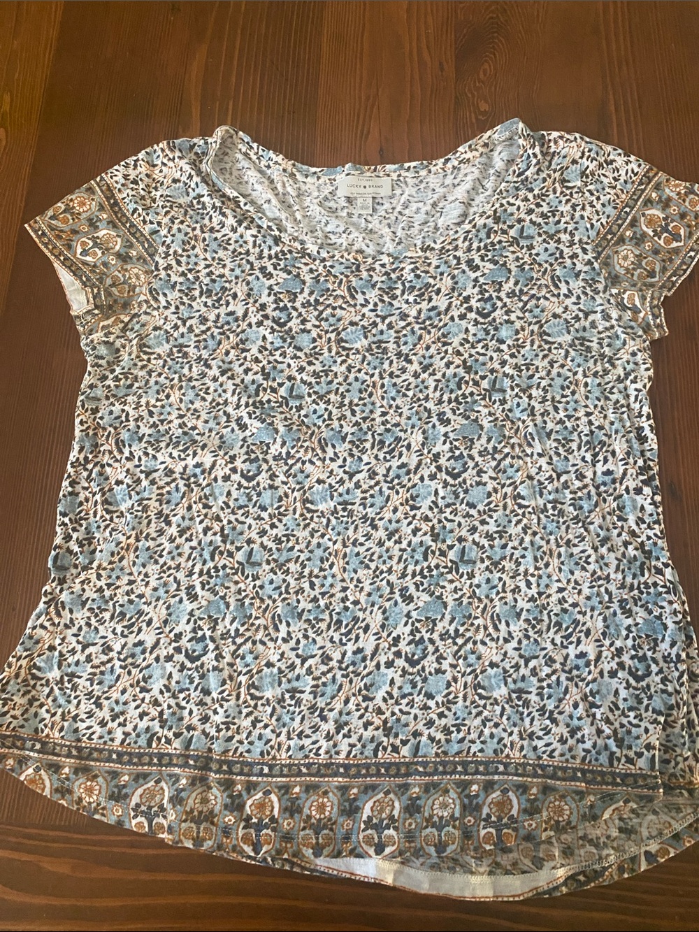 Lucky Brand Light Blue Floral Border Short Sleeve Top